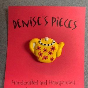 Tea Pot Pin Brooch Yellow Red Flower Black White Plaster Handmade Hand Painted